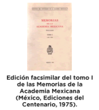 Portada de la edición facsimilar del tomo I de las Memorias de la Academia Mexicana (México, Ediciones del Centenario, 1975).